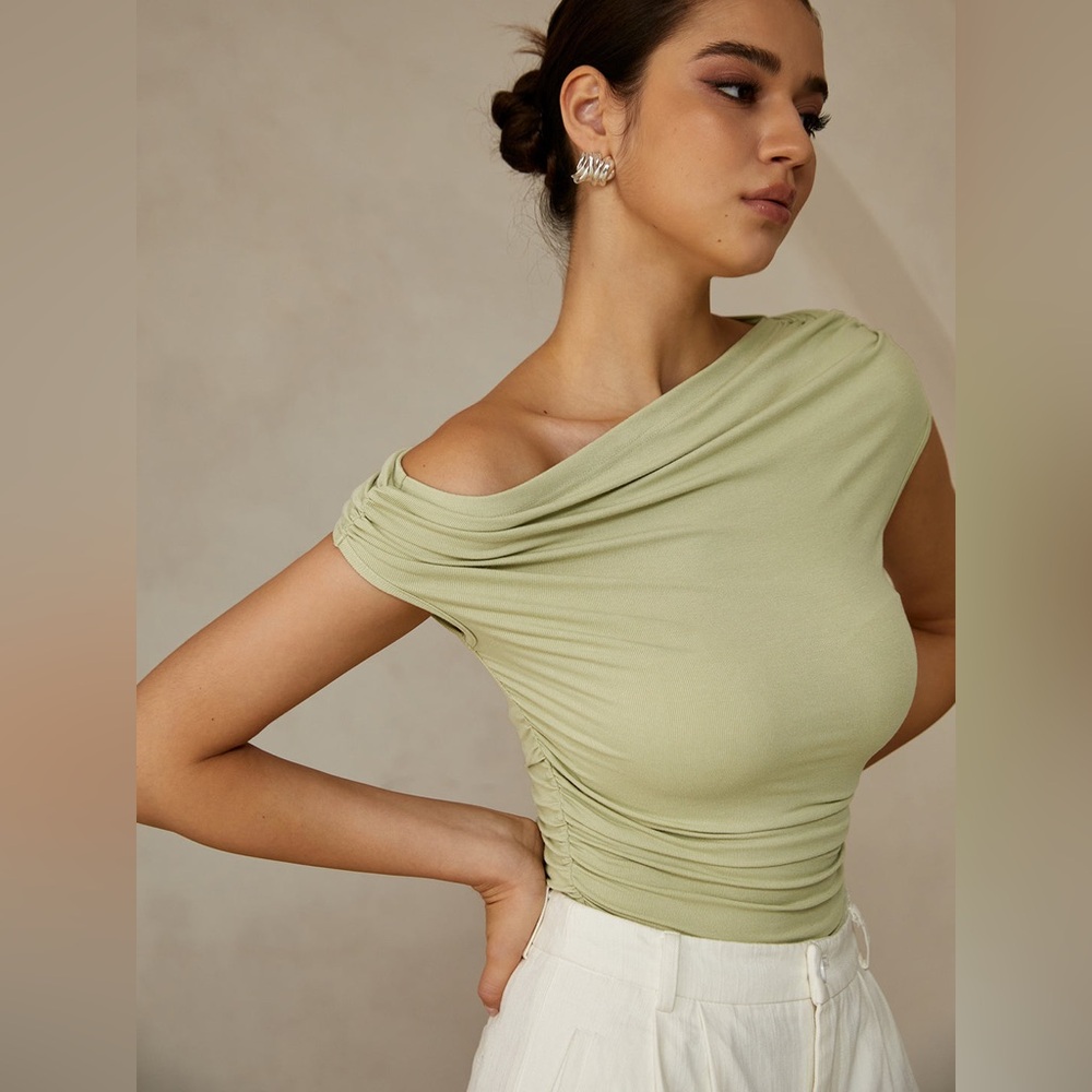 Commense Light Sage Green Draped One-Shoulder Top
